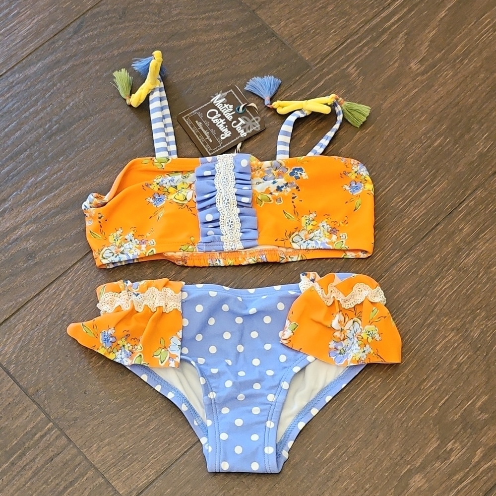 Orange Floral Bikini Set with Blue Polka Dots